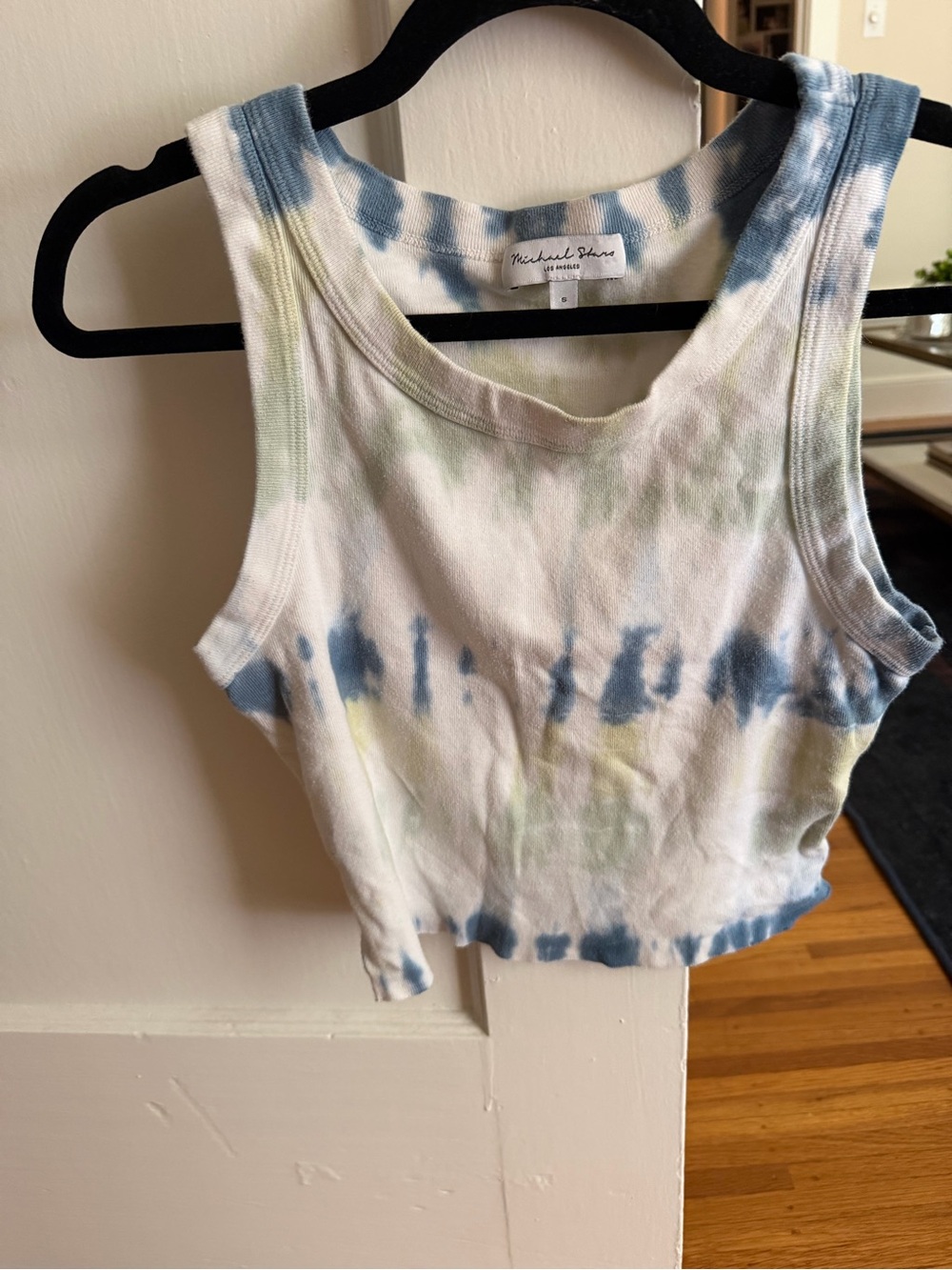 Michael Stars Tie-Dye Cropped Rib Tank - White, Blue & Pale Yellow